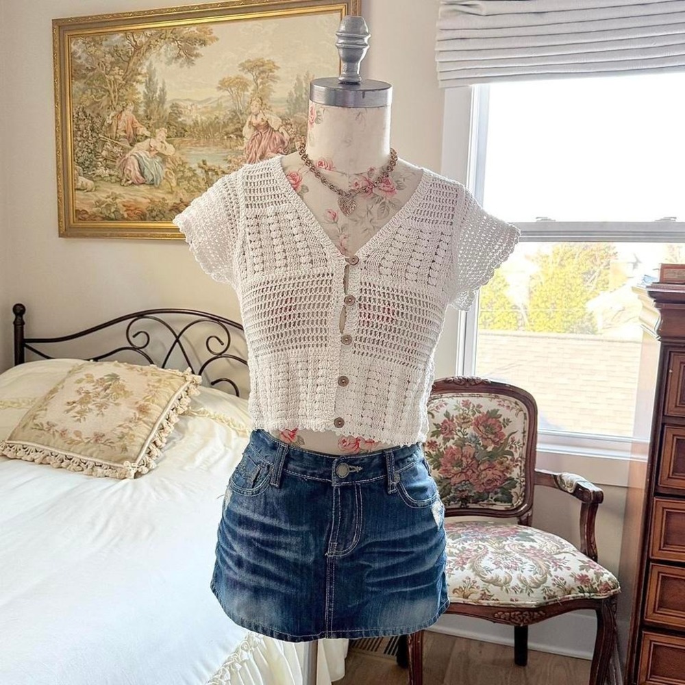 white crochet button top  Y2K‎ Rebellion crochet top size xs